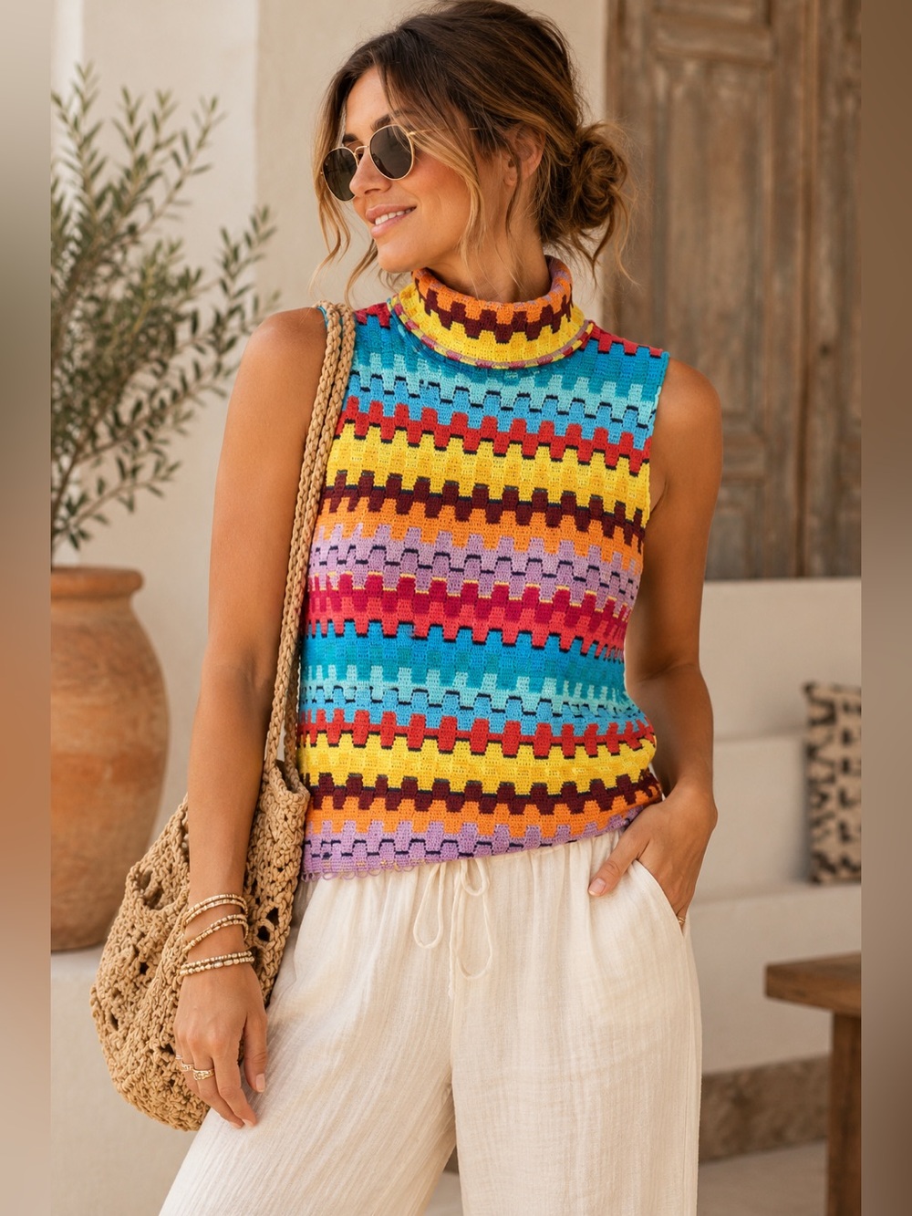 Colorful Striped Crochet Turtleneck Sleeveless Top Size L -Retro 70s Boho
